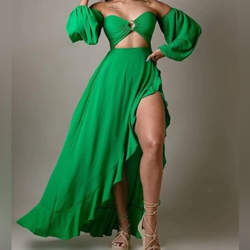 NWT SHEIN Sexy Green Romper With Bubble Sleeves And Sexy Skirt